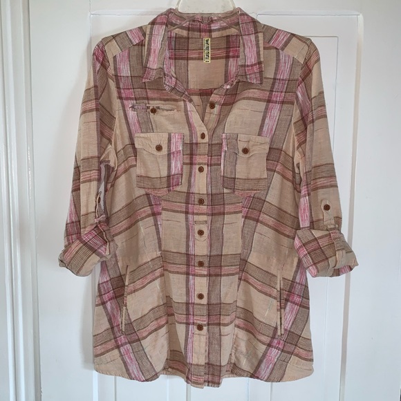 Free People Pale Pink Plaid Utility Button Down - Picture 1 of 16